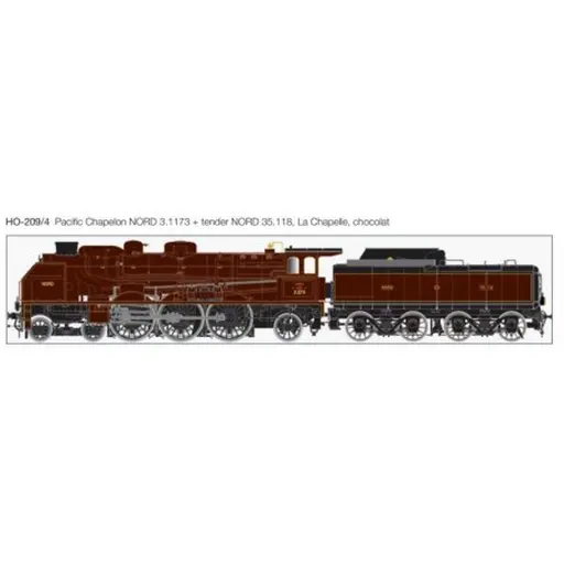 [LEHO-209-4] Locomotive à Vapeur - Pacific Chapelon Nord 3.1173 + tender Nord 35.118 - Chocolat - Dépôt de La Chapelle - HO 1/87
