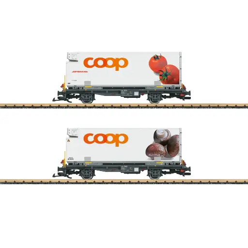 [LG45888] Coffret de 2 wagons porte-conteneurs coop® Tomates & Champignons - LGB 45888 - RhB - G 1/22.5 - EP. VI - 2R