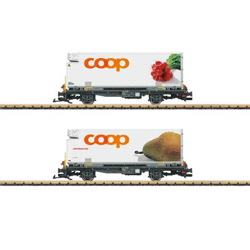 [LG45889] Coffret de 2 wagons porte-conteneurs coop® Radis & Poires - LGB L45889 - RhB - G 1/22.5 - EP. VI - 2R
