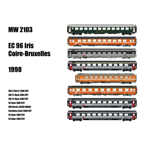 [MW2103] Coffret de 8 voitures voyageurs EC 96 Iris, Coire-Bruxelles, 1990 - Models World 2103 - HO 1/87 - SBB - Ep V