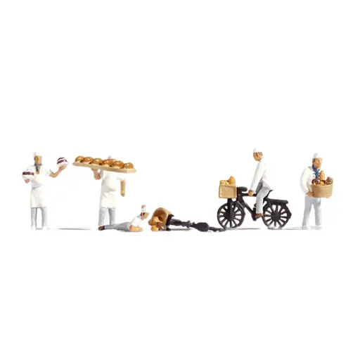 [NO15053] Lot de 5 boulangers/pâtissiers et 2 vélos NOCH 15053 - HO 1/87