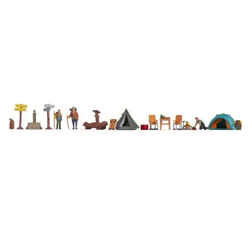 [NO16201] Lot de 4 personnages & 14 accessoires -Thème "camping" - NOCH 16201 - HO 1/87
