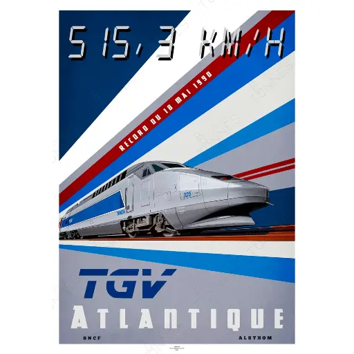 [8TTGVREC90] Poster TGV Record 1990 - A2 42.0 x 59.4 cm - 800Tonnes 8TTGVREC90 - Atlantique - SNCF - 515.3 km/h