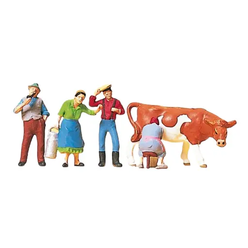 [PR10044] Pack de 4 Fermiers et 1 vache - Figurine - PREISER 10044 - Échelle HO : 1/87ème