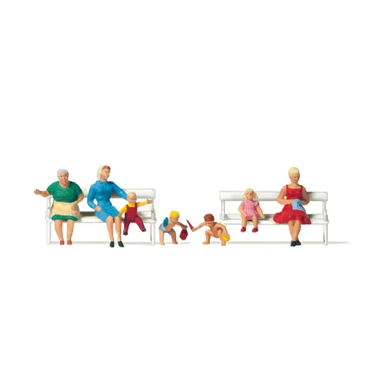 [PR10051] Pack de 3 Mères assises, 4 enfants assis et 2 bancs - Figurine - PREISER 10051 - Échelle HO : 1/87ème