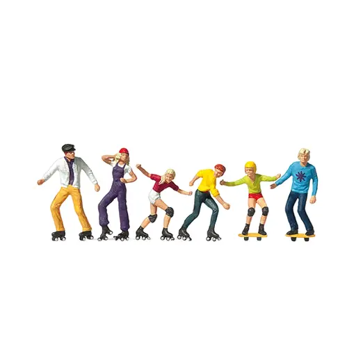 [PR10074] Pack de 6 Personnages avec patins à roulettes et skate boards - Figurine - PREISER 10074 - Échelle HO : 1/87ème