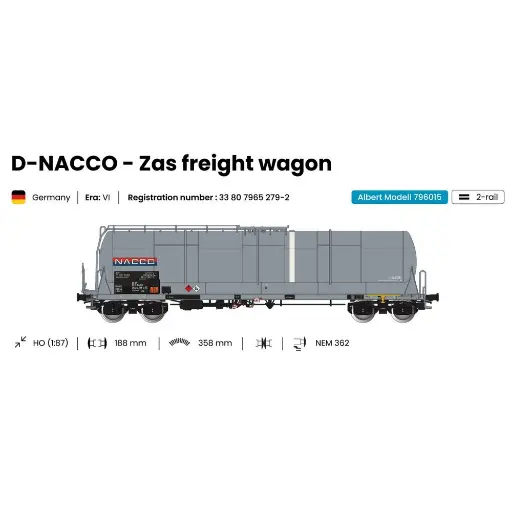 [AL796015] Wagon citerne grande capacité 85m3 Zas gris Nacco - ALBERT MODELL 796015 - EP VI - HO 1/87