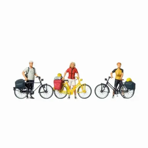 [PR10643] Lot de 3 personnages cyclistes en vêtements de sports avec 3 vélos - Preiser 10643 - HO 1/87