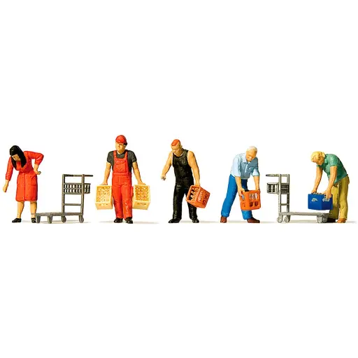 [PR10656] Lot de 5 personnages transportant des casiers à bouteille - PREISER 10656 - HO 1/87
