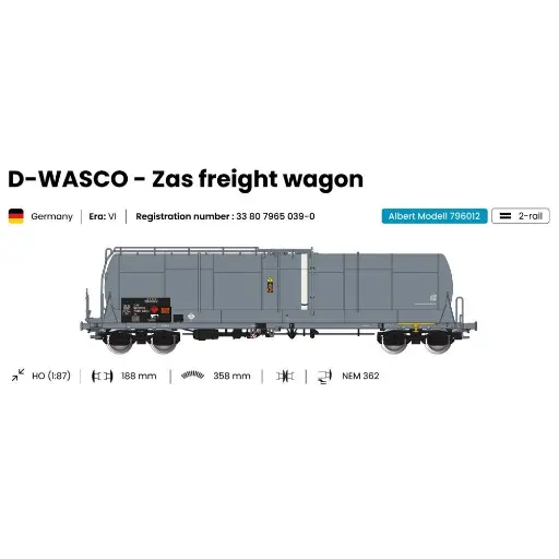 [AL796012] Wagon citerne grande capacité 85m3 Zas gris Wascosa - ALBERT MODELL 796012 - EP VI - HO 1/87