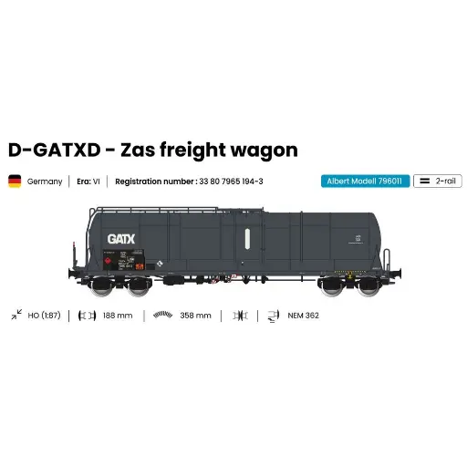 [AL796011] Wagon citerne grande capacité 85m3 Zas gris GATX - ALBERT MODELL 796011 - EP VI - HO 1/87