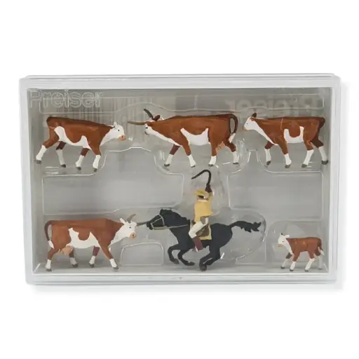 [PR10159] Lot Cowboy et 5 vaches Longhorn PREISER 10159 HO 1/87