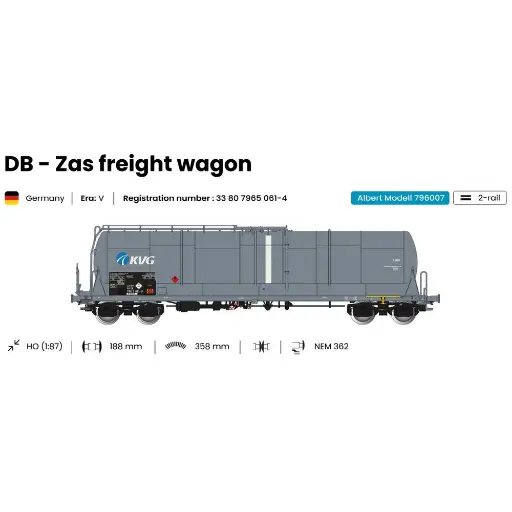[AL796007] Wagon citerne grande capacité 85m3 Zas gris KVG DB - ALBERT MODELL 796007 - EP V - HO 1/87