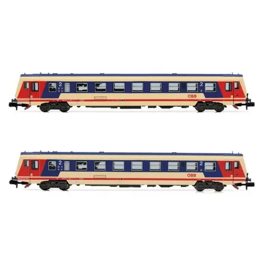 [HN2522] Set de 2 autorails diesels classe 5047 ( motorisé + neutre ), livré rouge/bleu/beige avec nouveau logo « ÖBB » - Arnold HN2522 - N 1/160 - ÖBB - Ep IV/V - Analogique - 2R