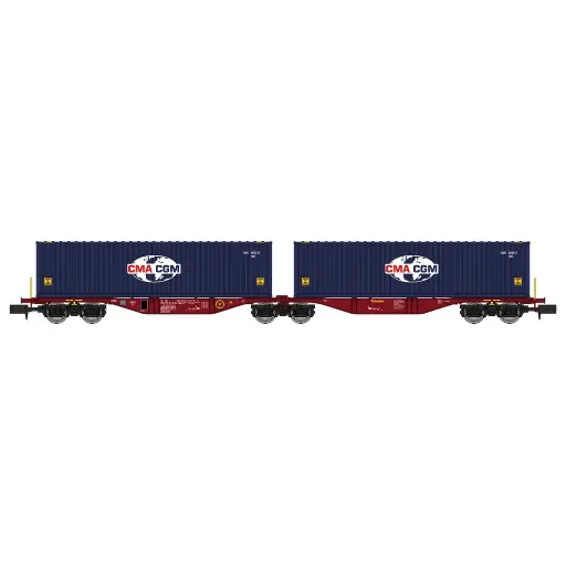 [RENW288] Wagon porte conteneurs Sggmrss 80 TOUAX, 2 conteneurs CGA-CGM logo Monde - Ree Modèles NW288 - N 1/160 - SNCF - Ep VI