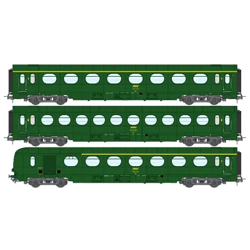 [REVB499] Coffret de 3 voitures Allégées "Saucisson" ÉTAT A8, B10 et A6d, vert 301 - Ree Modèles VB499 - SNCF - HO 1/87 - EP. IV - 2R