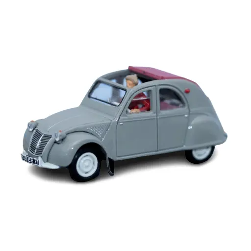 [SA1605] Véhicule Citroën 2CV AZLP grise, capote ouverte, un personnage, SAI 1605 HO 1/87