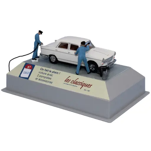 [SA1923] Voiture Peugeot 404 blanche, 2 pompistes et accessoires SAI 1923 - HO 1/87