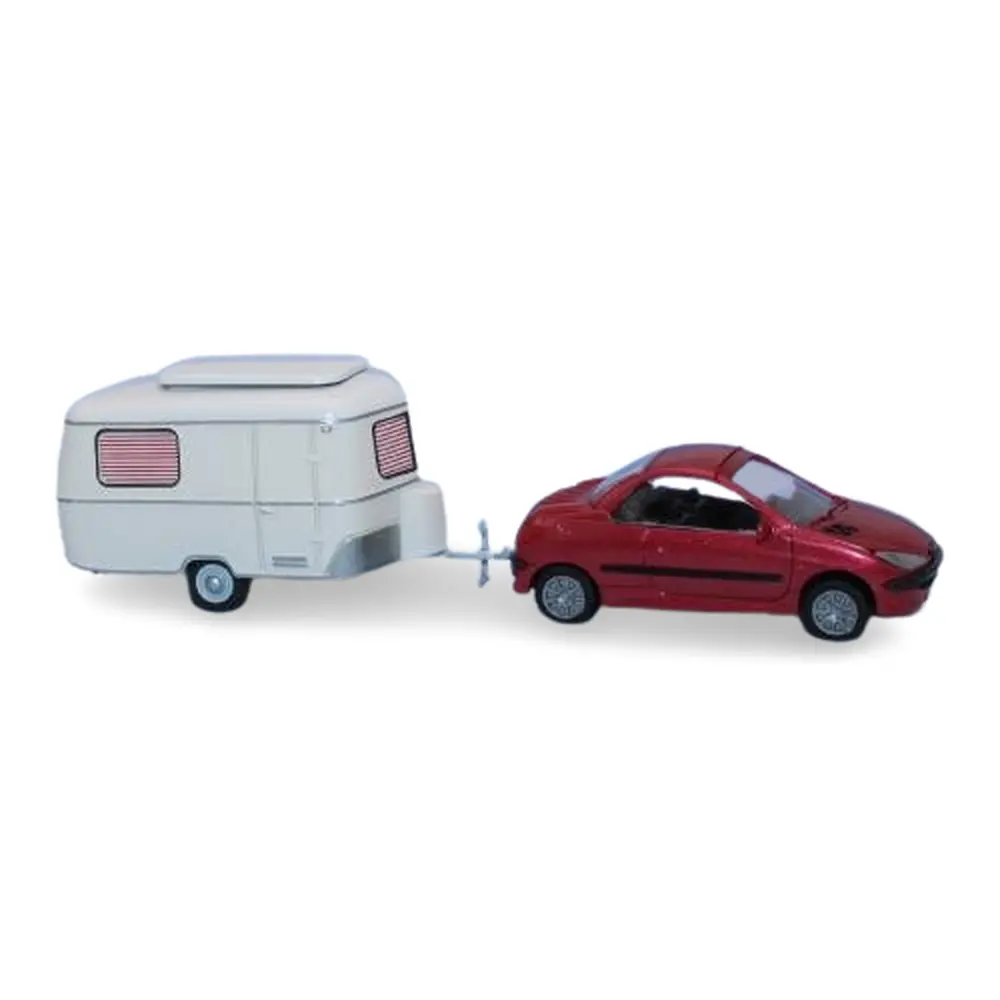 Peugeot 206 coupé rouge Lucifer métallisé + caravane Eriba Pan - SAI 1431 - HO 1/87