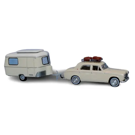 [SA1826] Peugeot 403 ivoire avec caravane Eriba, galerie de toit, 2 valises, un conducteur et une passagère - Sai 1826 - HO 1/87