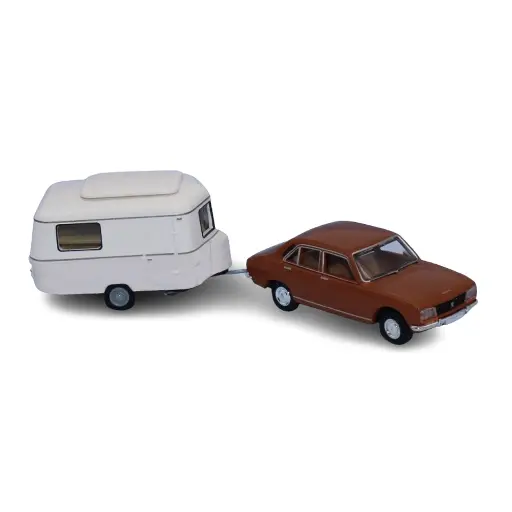 [SA2089.2] Peugeot 504, brun orangé, avec caravane Eriba beige ivoire - Sai 2089.2 - HO 1/87