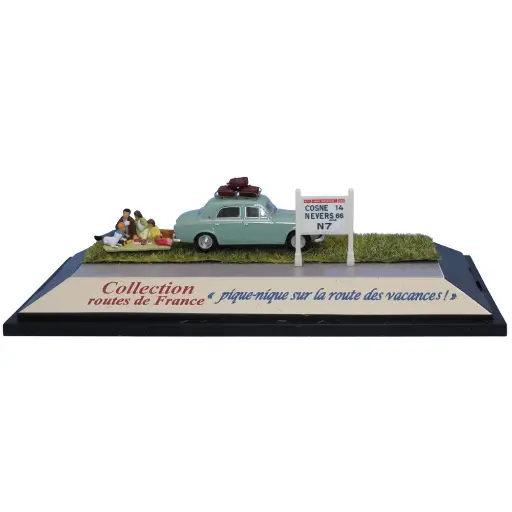 [SA1991] Peugeot 403 verte, galerie de toit, 3 valises, scène pique-nique et mur Michelin N7 - Sai 1991 - HO 1/87