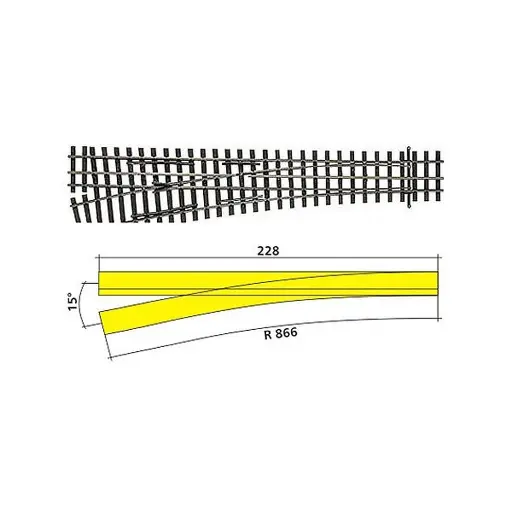 [TI85198] Aiguillage à gauche HO-HOm 228mm 15°